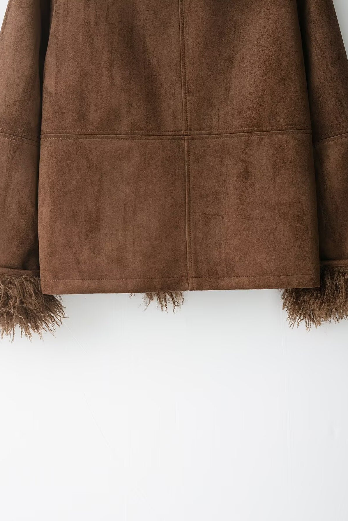 Elegant brown suede jacket with faux shearling trim by Langry fashion