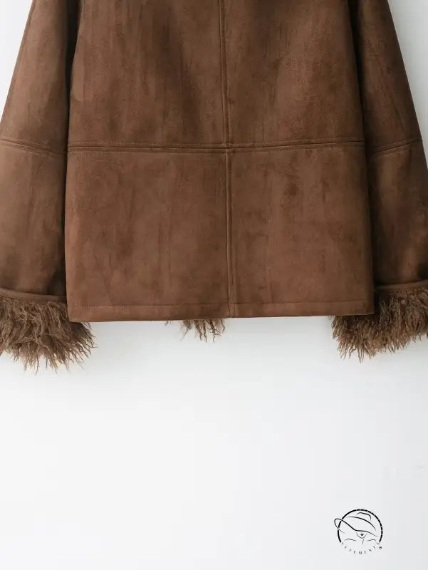 Elegant autumn fur effect brown suede jacket with faux shearling trim