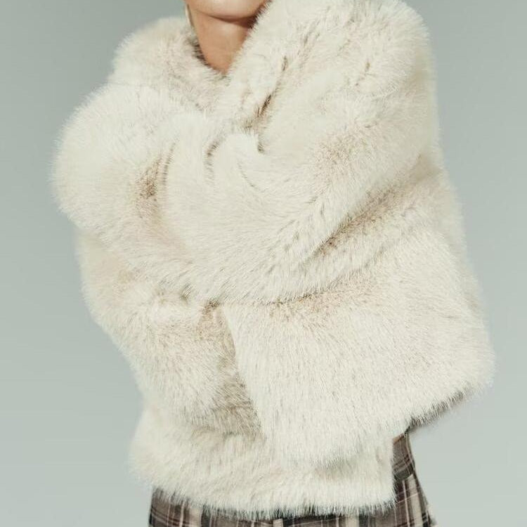 Langry faux fur short coat with frayed shawl and plaid skirt