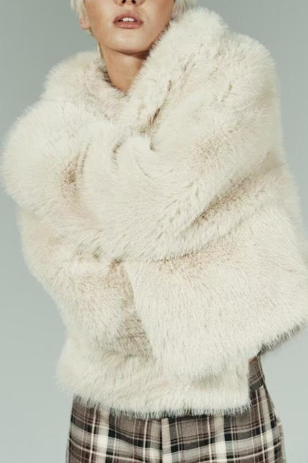 Langry faux fur short coat with frayed shawl and plaid skirt