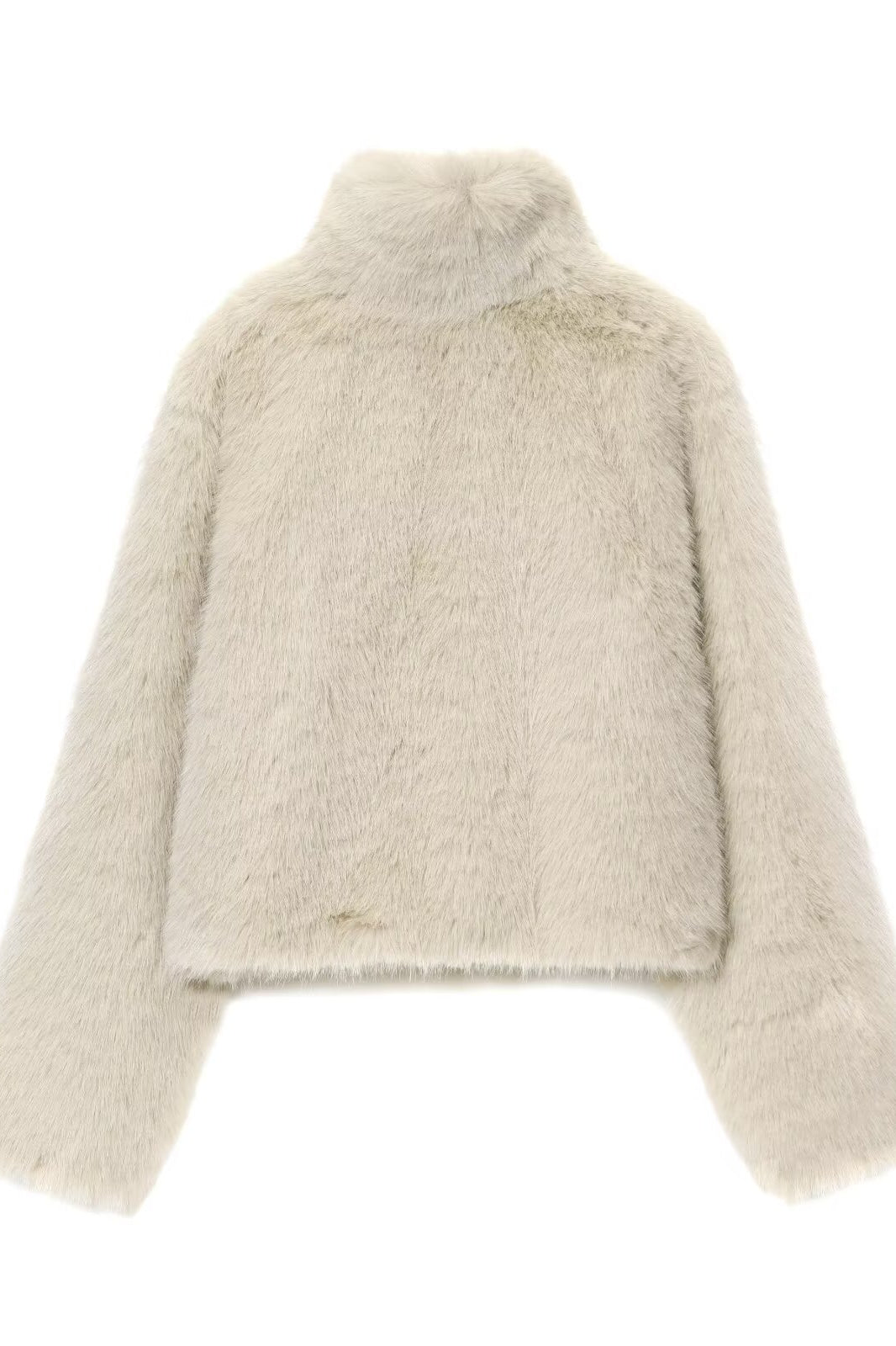 Cream-colored fluffy faux fur Langry fashion short coat with high collar
