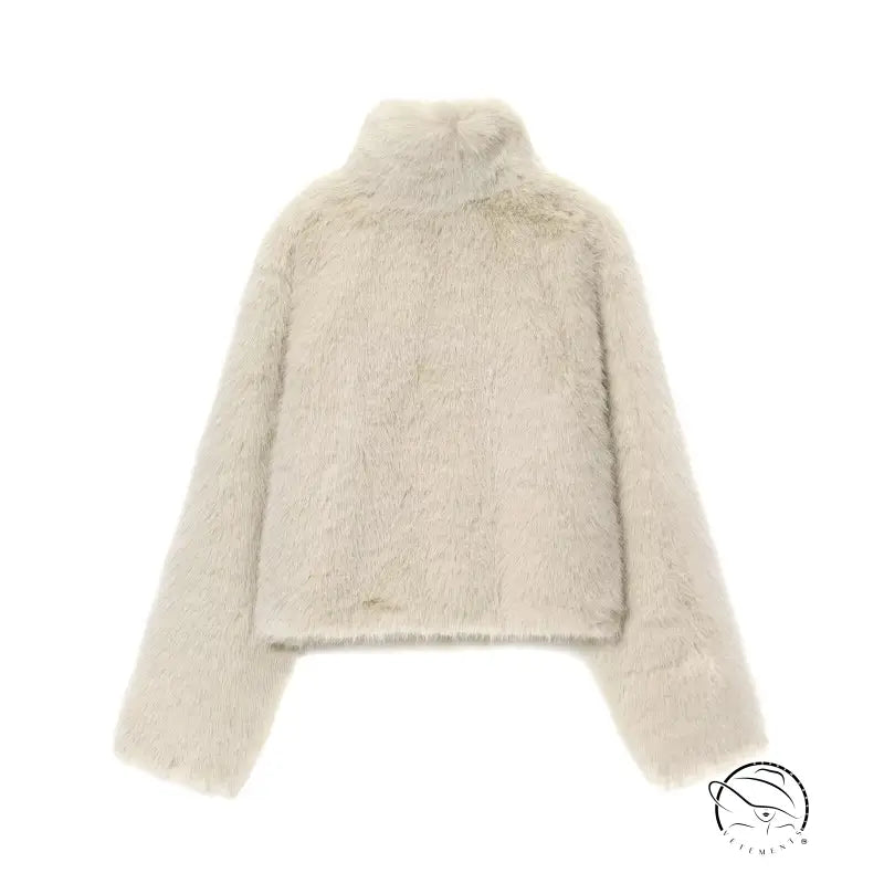 Cream-colored faux fur effect short coat with high collar and long sleeves