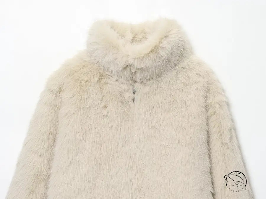 Cream faux fur effect short coat with high collar and long sleeves