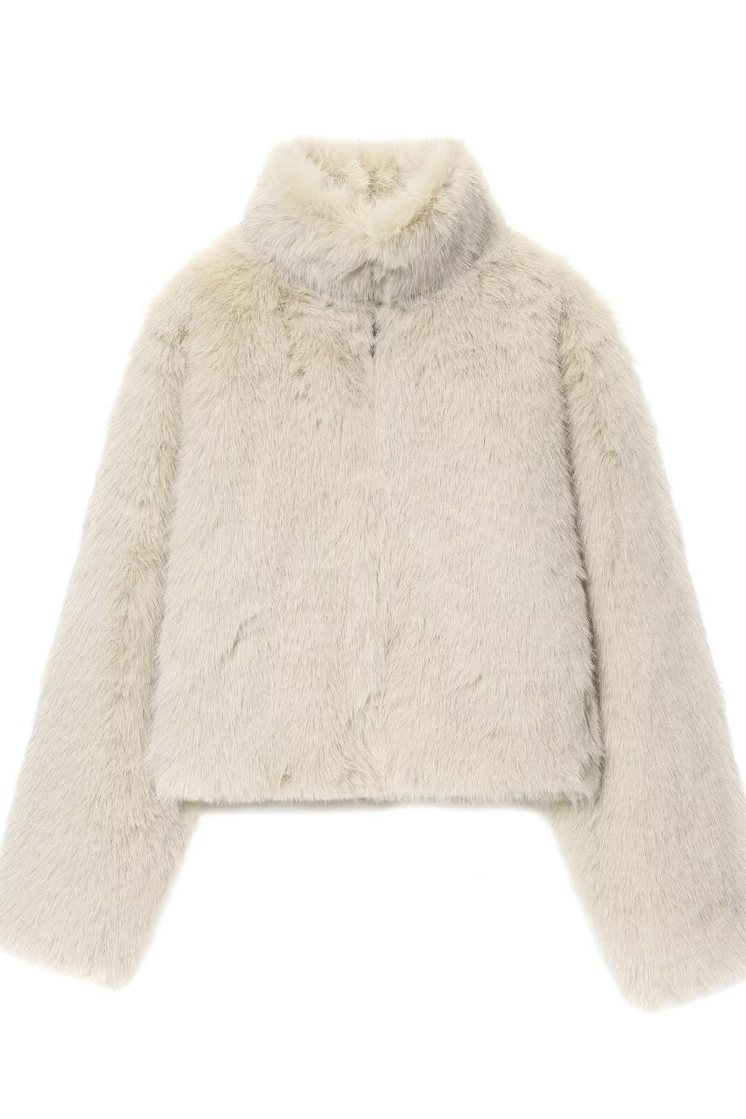 Cream faux fur cropped jacket with high collar and long sleeves