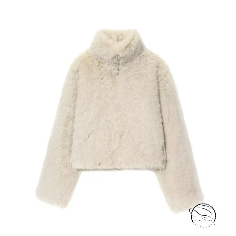 Cream faux fur effect short coat with high collar and long sleeves