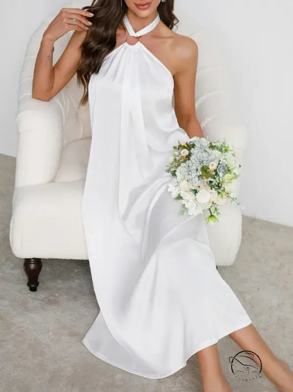 Luxury white satin halter nightdress with pleats, langry fashion ملابس