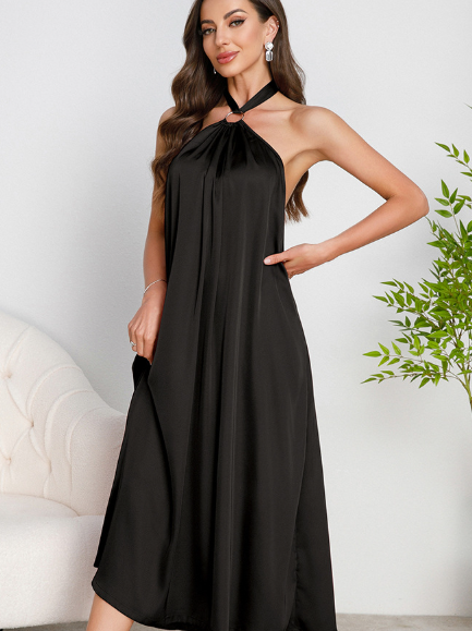 Black satin halter-neck midi dress with draped front and side slit in langry fashion