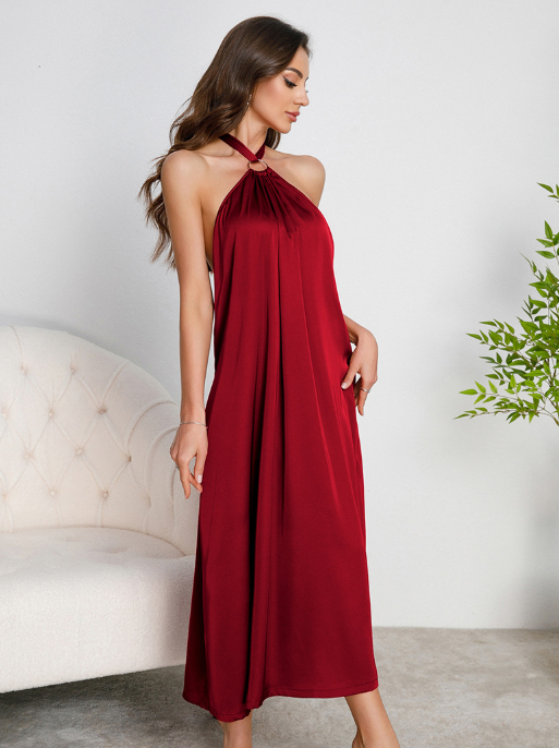 Elegant langry fashion deep red satin halter-neck midi dress