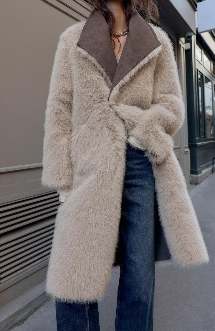 Beige faux fur langry fashion coat with brown suede collar
