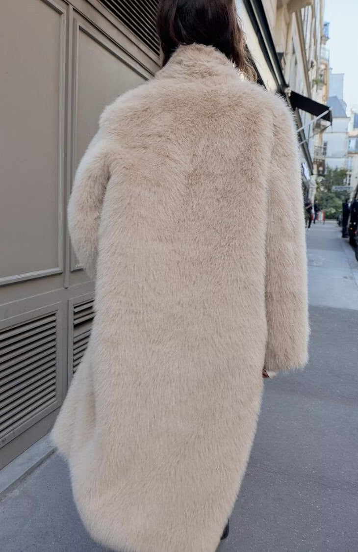Beige faux fur langry fashion coat with plush texture and high collar