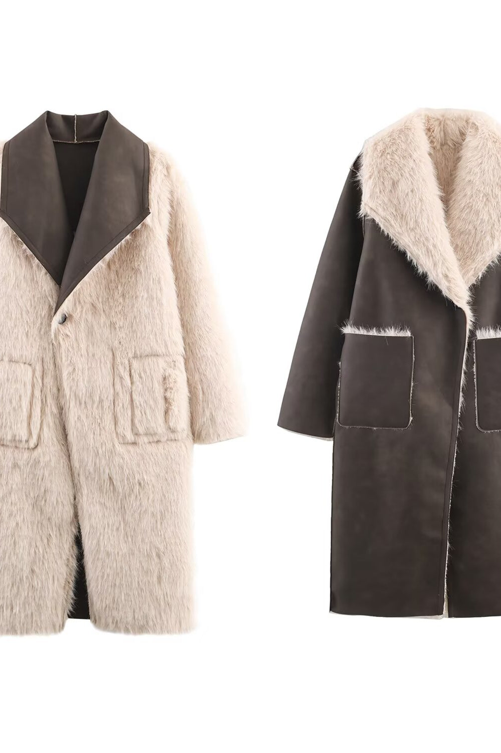 Cozy Wild beige faux fur coat with brown leather collar, langry fashion ملابس