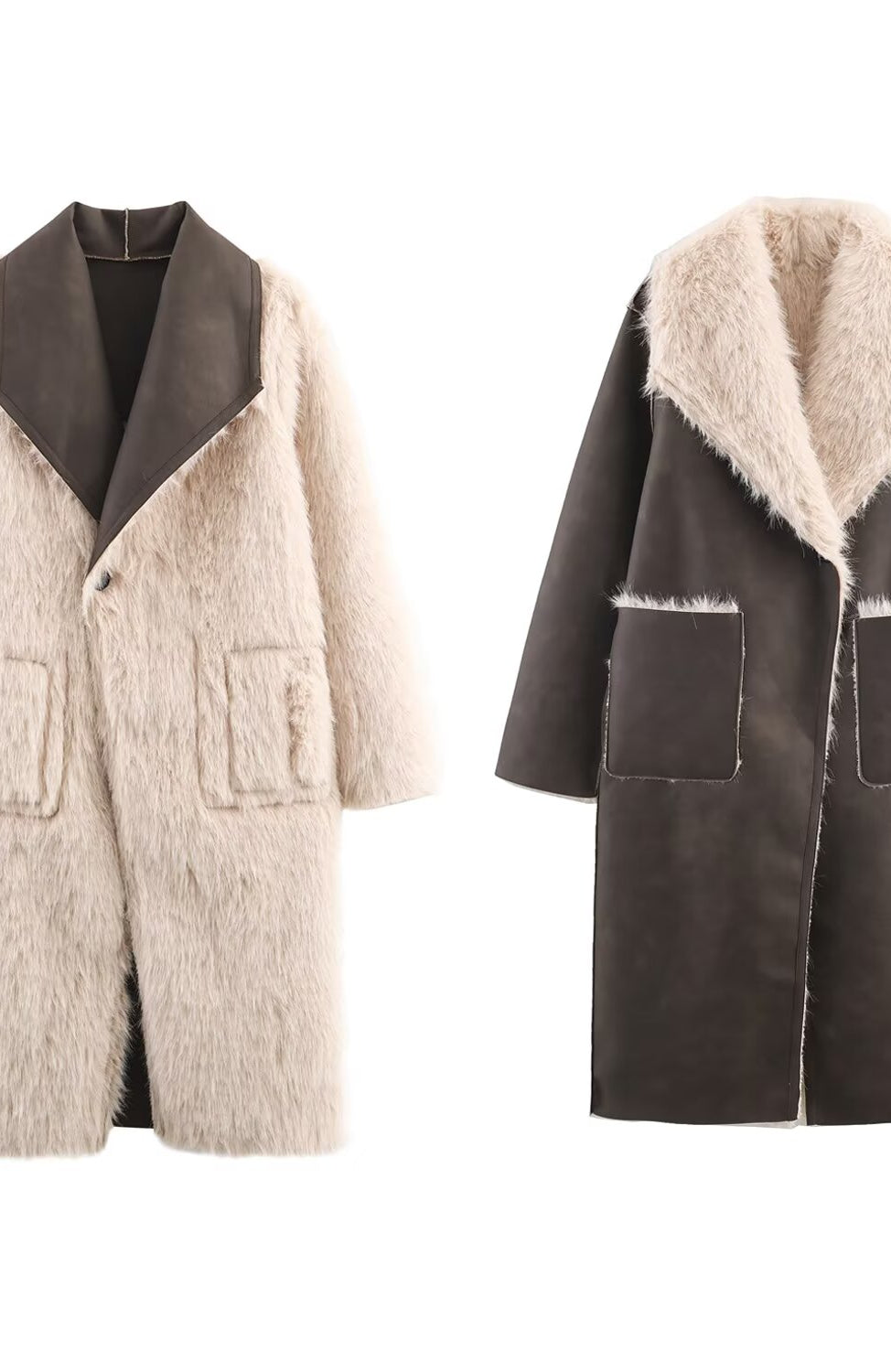 Cozy Wild beige faux fur coat with brown leather collar, langry fashion ملابس