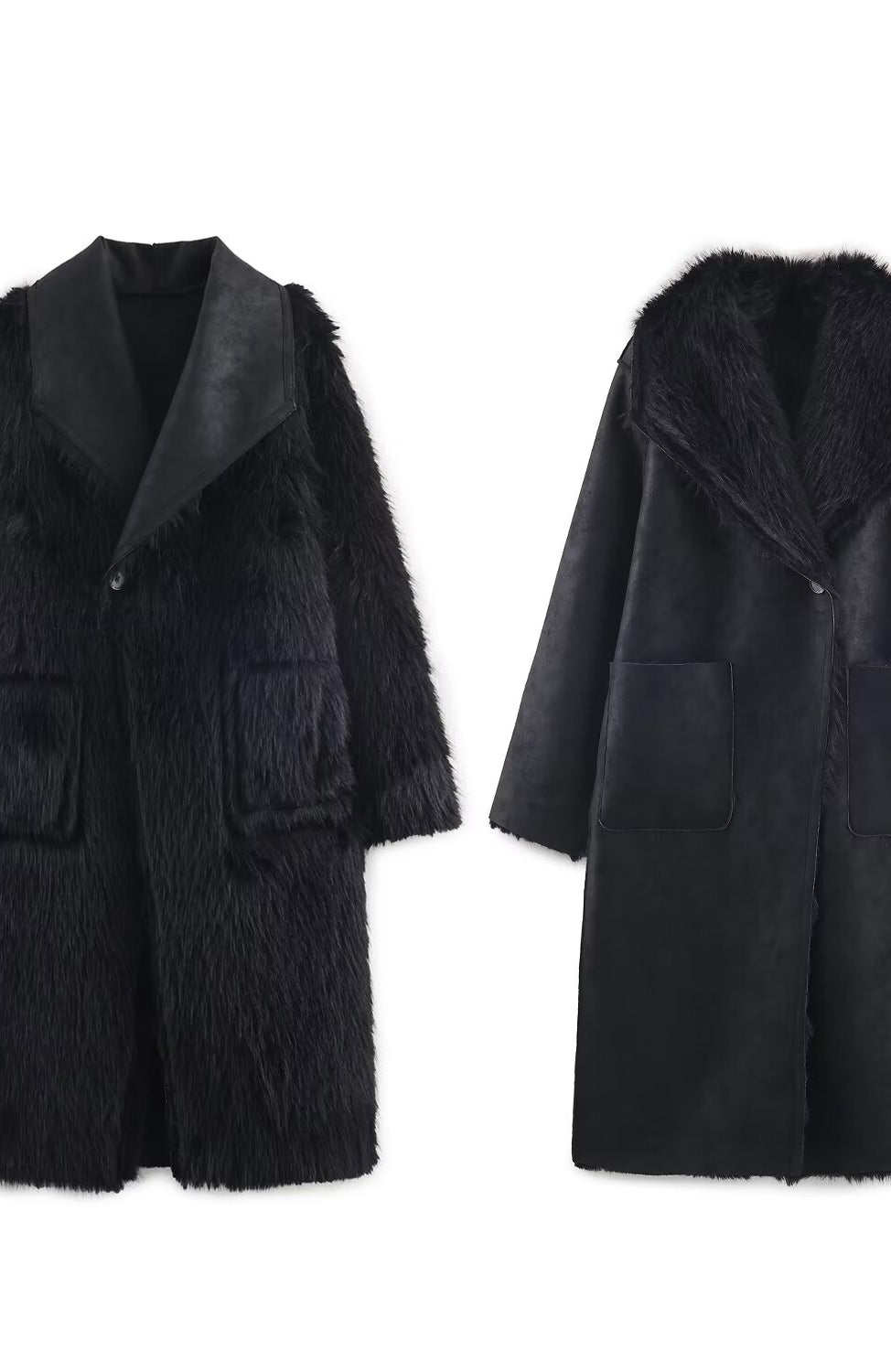 Black faux fur coat with leather collar in Langry fashion ملابس