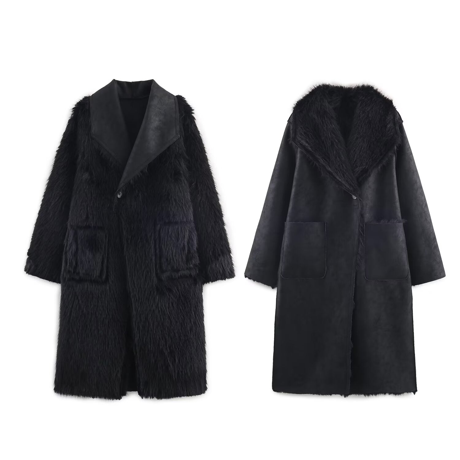 Black faux fur coat with leather collar in Langry fashion ملابس