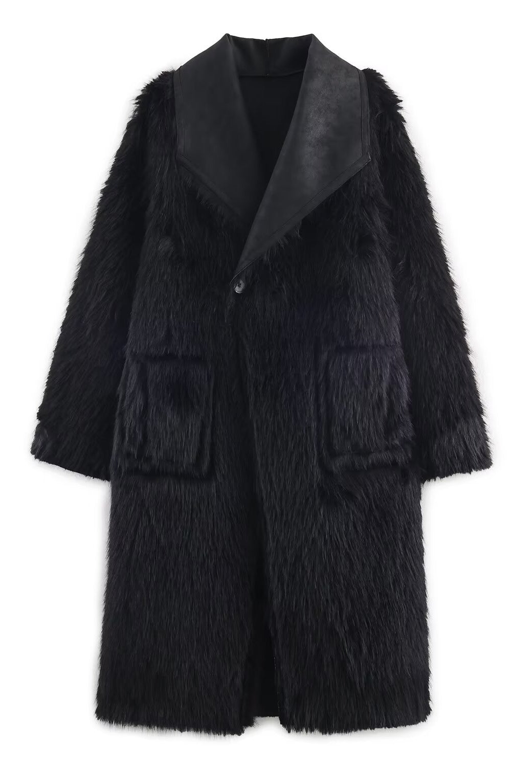 Black faux fur langry fashion coat with satin collar and pockets