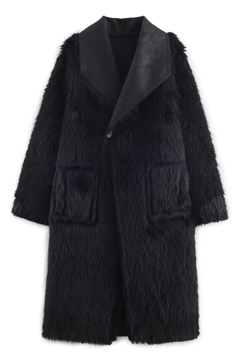 Black faux fur langry fashion coat with satin collar and pockets