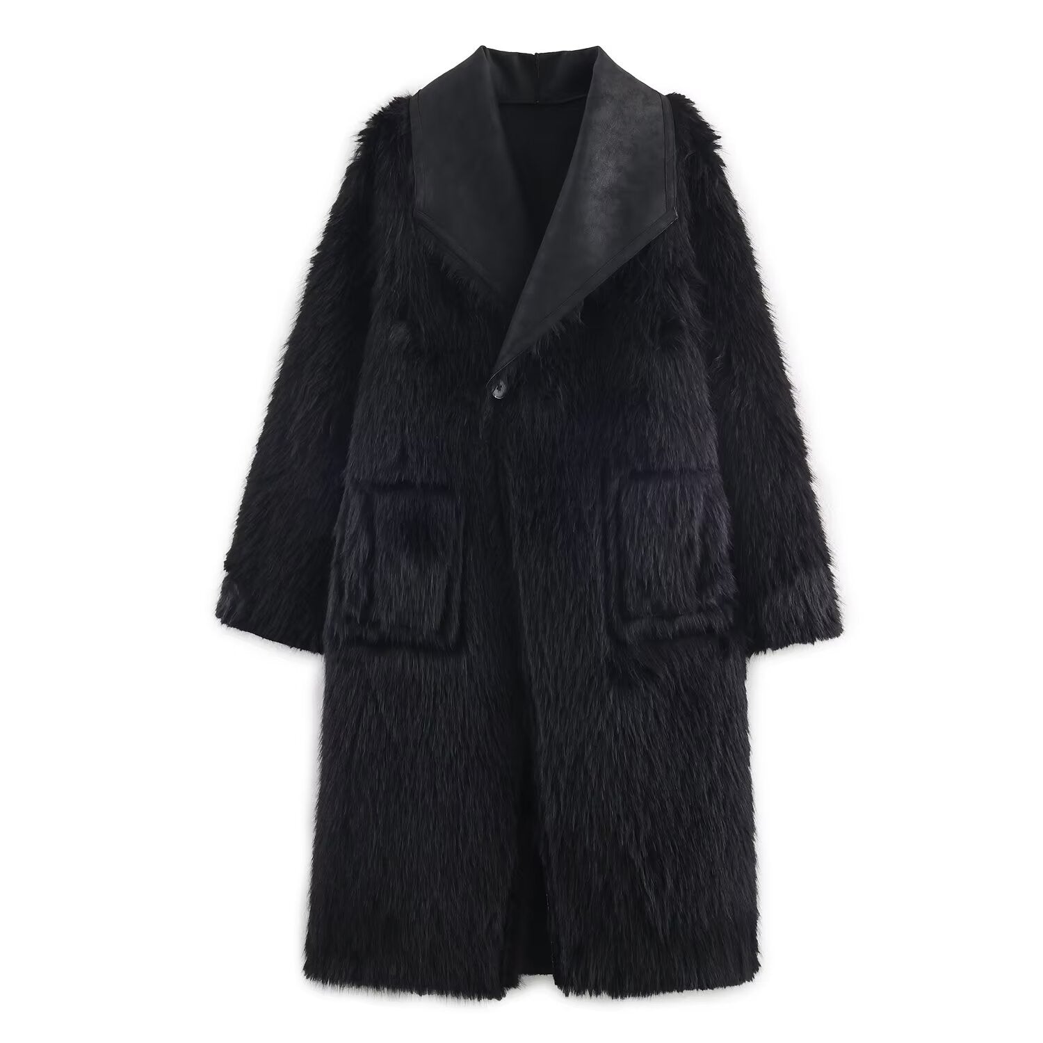 Black faux fur langry fashion coat with satin collar and pockets