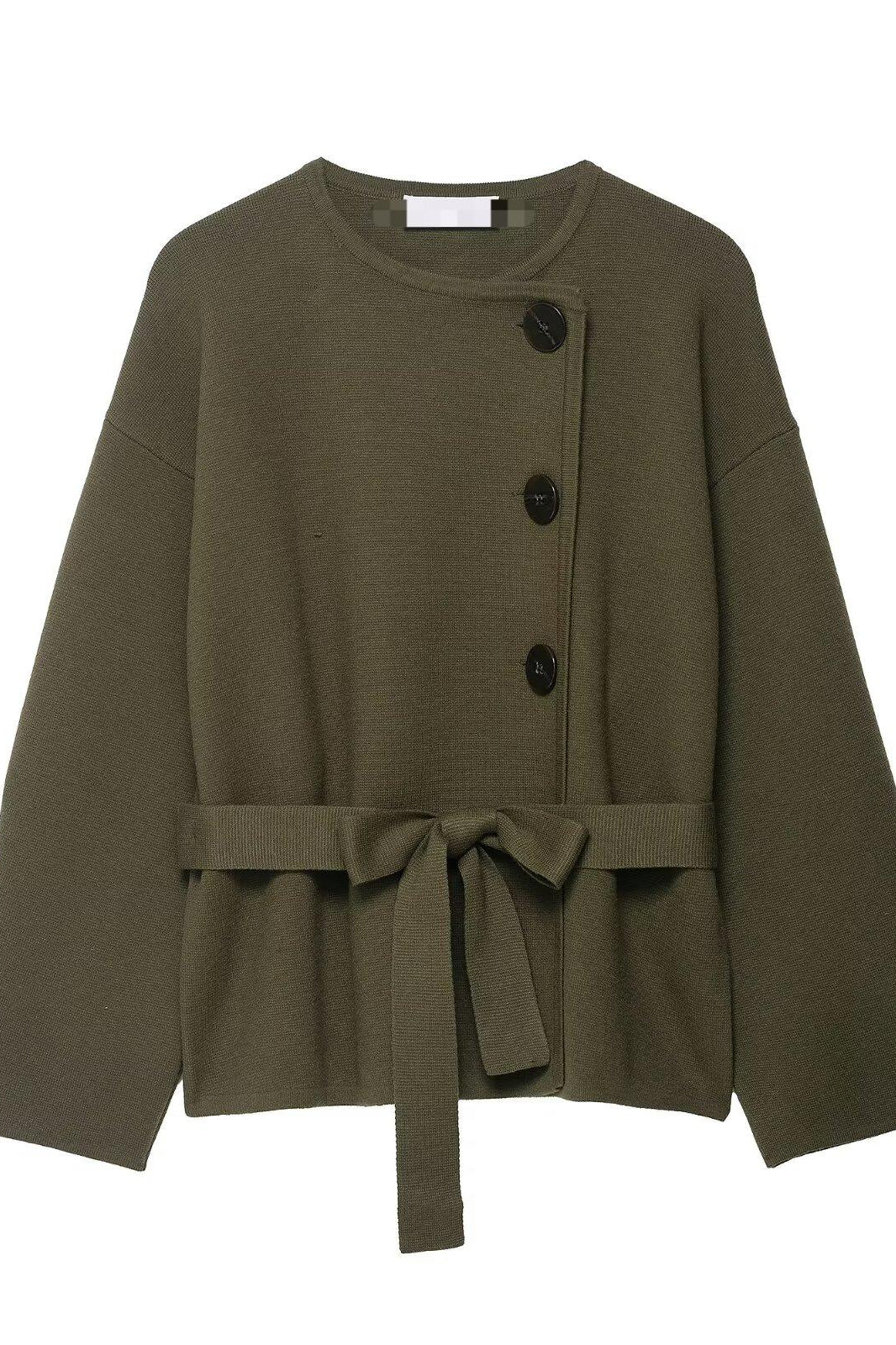 Olive green textured Langry cardigan with bow waist and regular sleeve