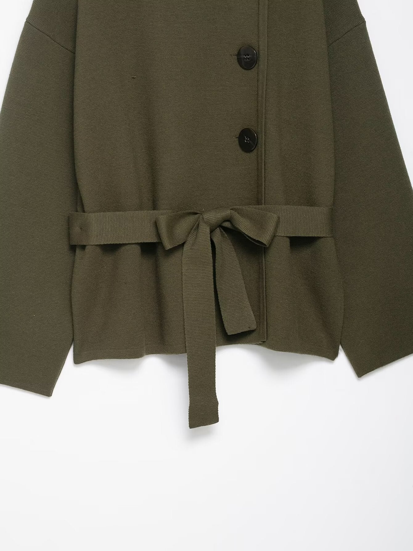 Olive green double-breasted trench coat with tied waistband, regular sleeve fashion
