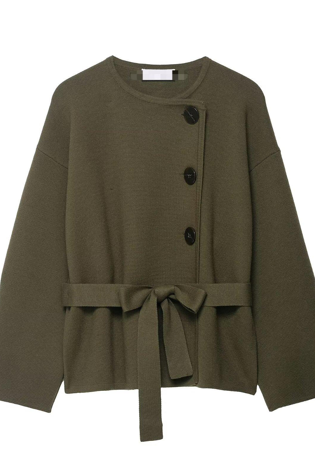 Olive green textured Langry fashion cardigan with bow waist detail