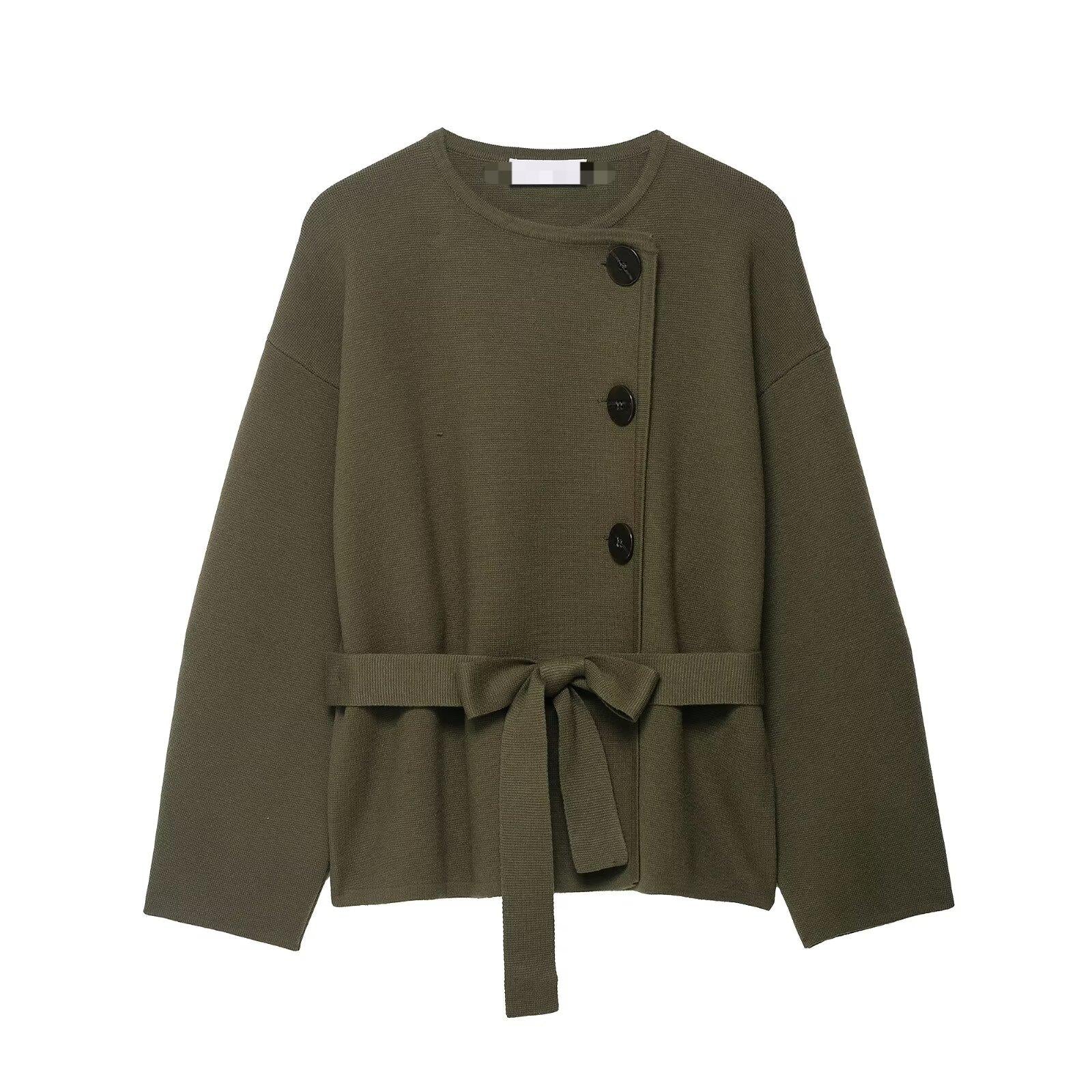 Olive green textured Langry fashion cardigan with bow waist detail
