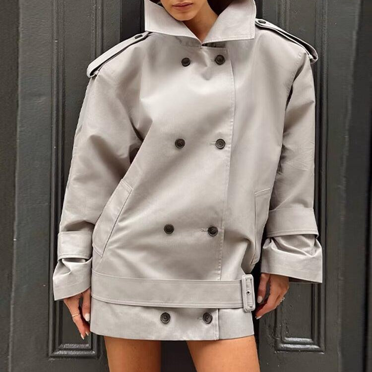 Light gray langry fashion trench coat with double-breasted buttons and belt