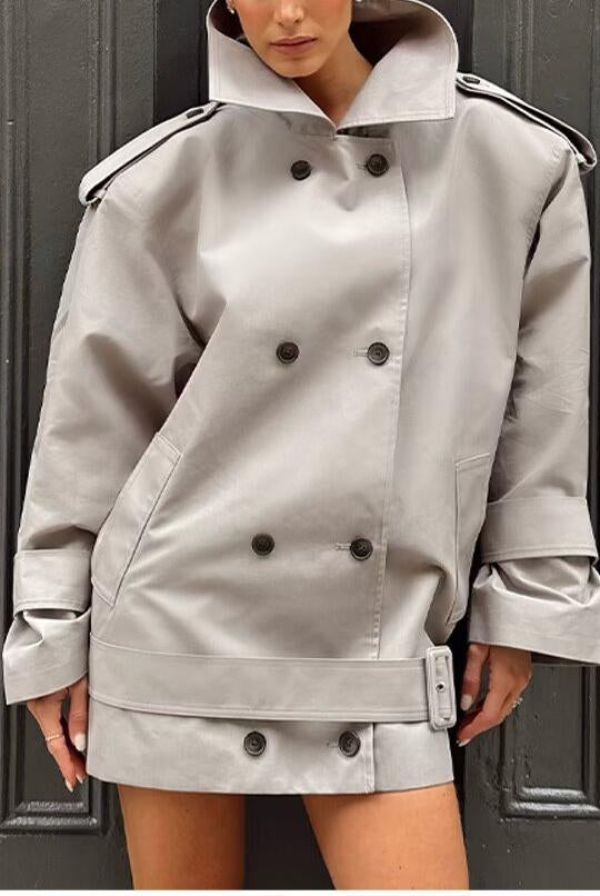 Light gray langry fashion trench coat with double-breasted buttons and belt
