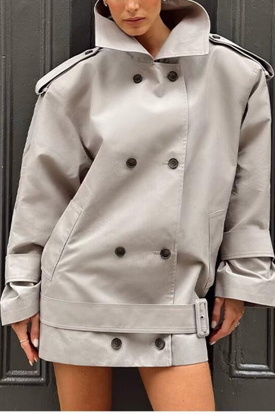 Light gray langry fashion trench coat with double-breasted buttons and belt