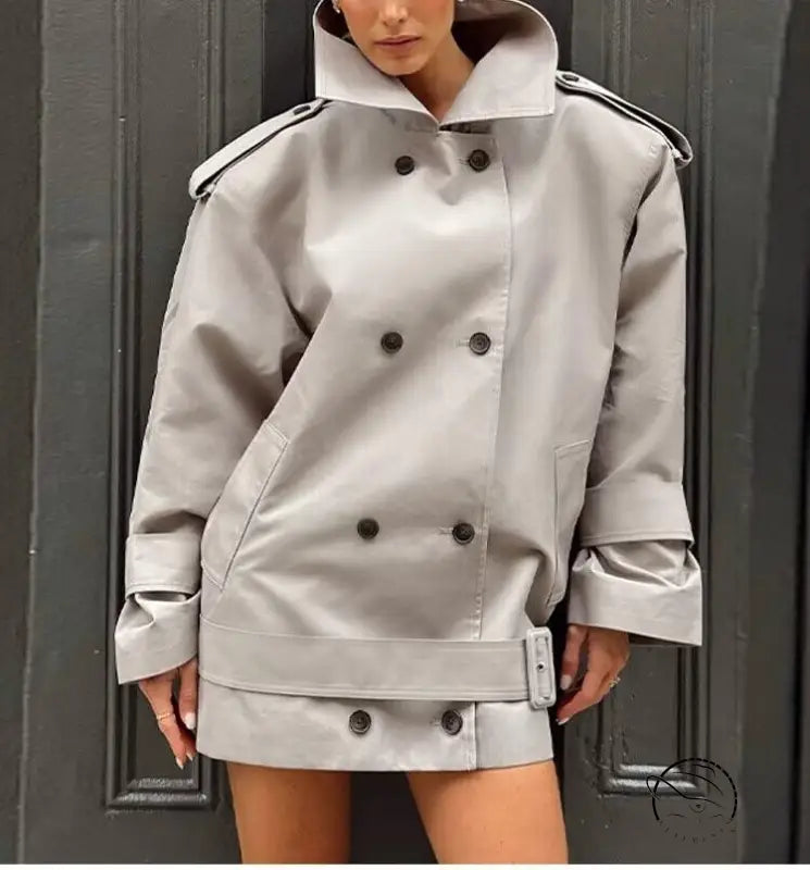 Light gray langry fashion trench coat with double-breasted buttons