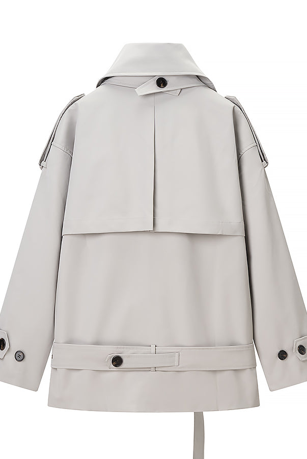 Langry fashion loose long sleeve light gray trench coat with double-breasted front and adjustable waist belt