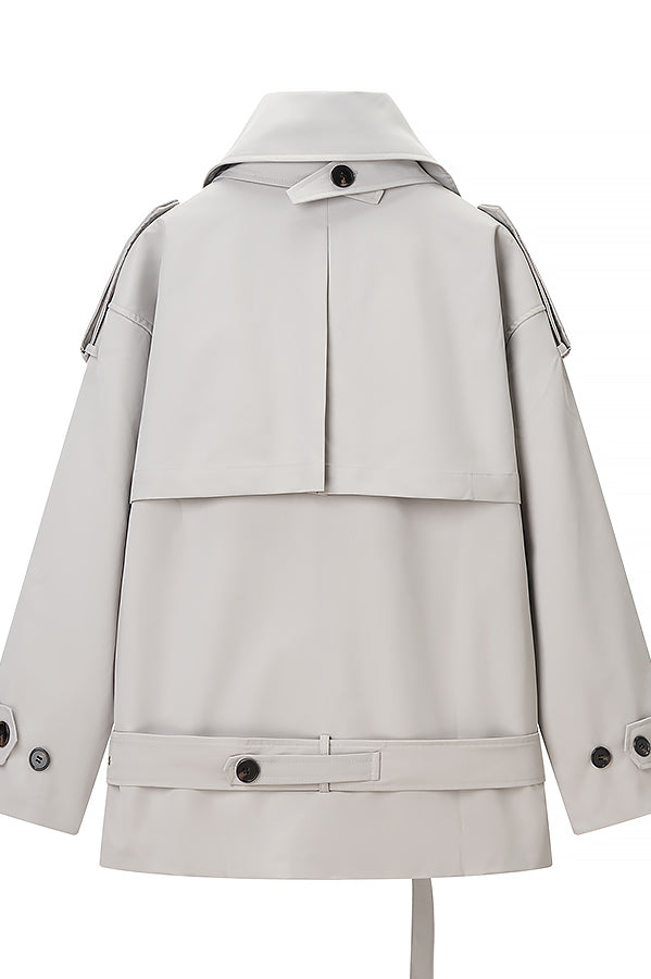 Langry fashion loose long sleeve light gray trench coat with double-breasted front and adjustable waist belt