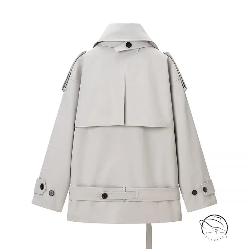 Light gray langry fashion trench coat with double-breasted front and adjustable waist belt