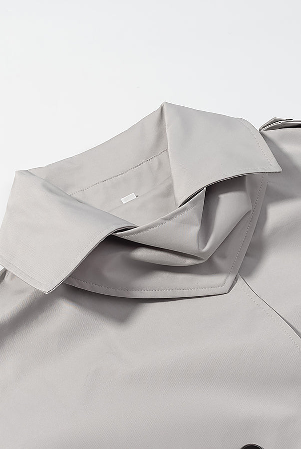 Light gray langry fashion trench coat with double-breasted buttons and black trim