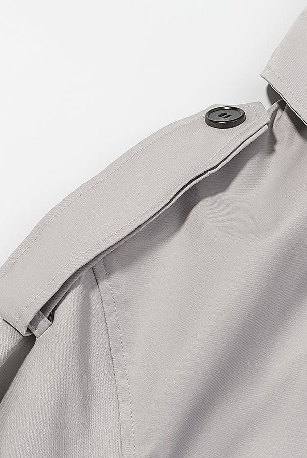 Light gray langry fashion trench coat with black buttons, double-breasted loose long sleeve design