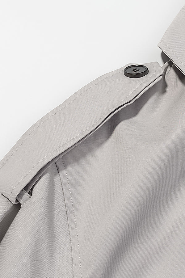 Light gray langry fashion trench coat with black buttons, double-breasted loose long sleeve design