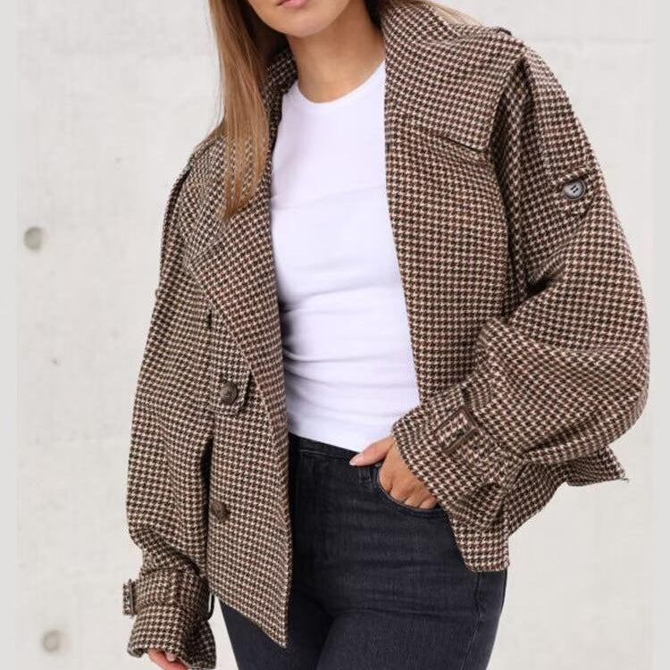 Langry fashion brown white houndstooth woolen blazer with jeans