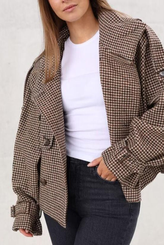 Langry fashion brown white houndstooth woolen blazer with jeans