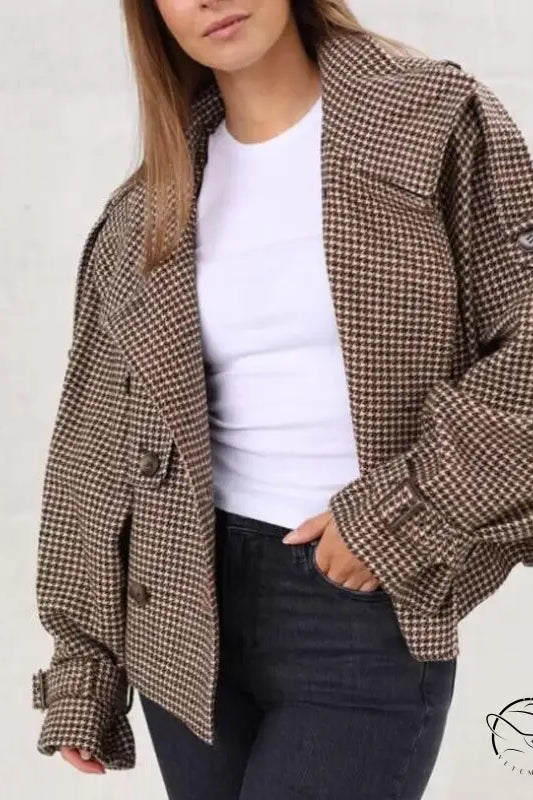 Winter retro plaid woolen houndstooth blazer with oversized sleeves