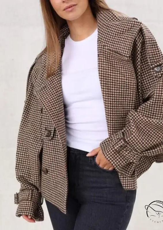 Winter retro plaid woolen houndstooth blazer with oversized sleeves