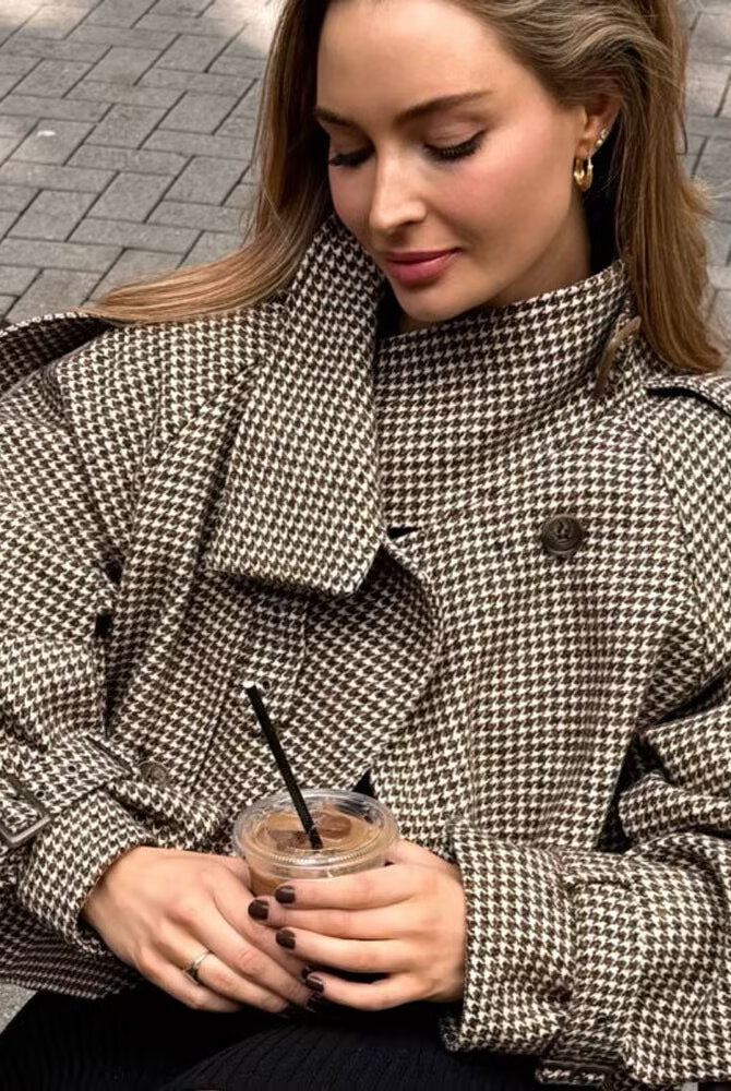 Langry fashion brown white houndstooth wool trench coat with black buttons