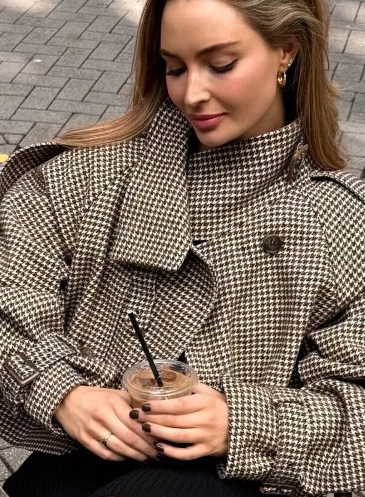 Langry fashion brown white houndstooth wool trench coat with black buttons