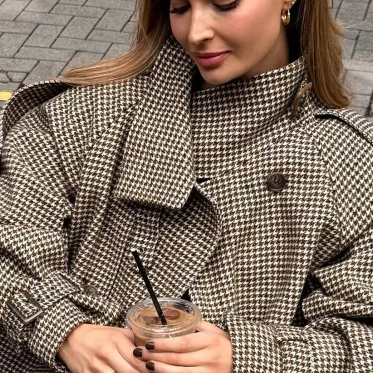 Langry fashion brown white houndstooth wool trench coat with black buttons