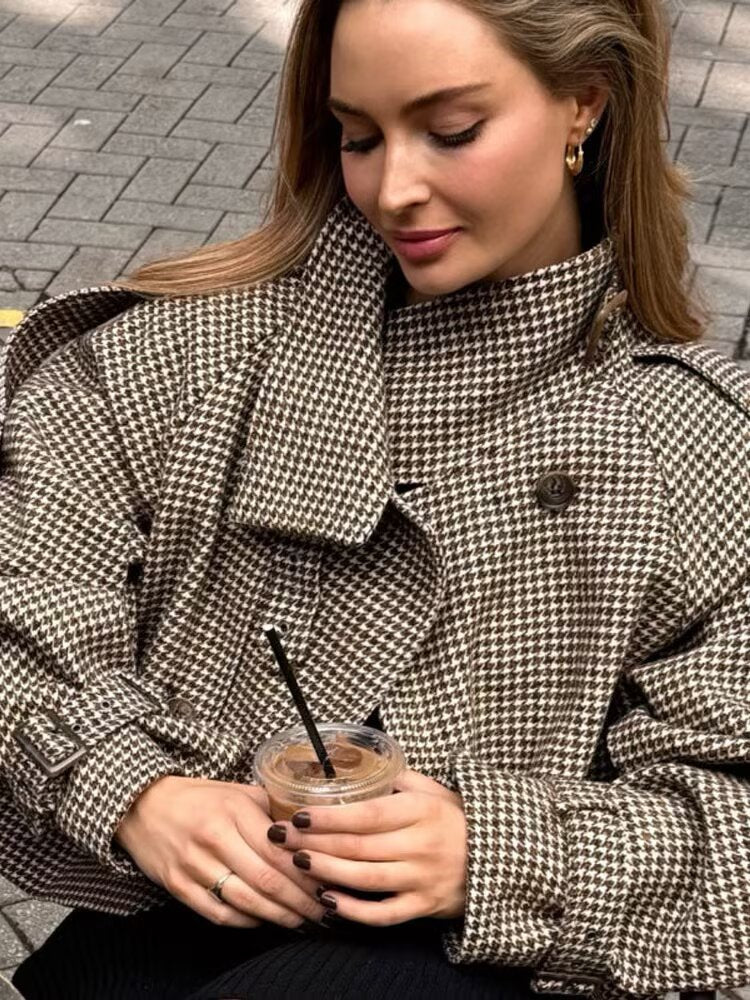 Langry fashion brown white houndstooth wool trench coat with black buttons
