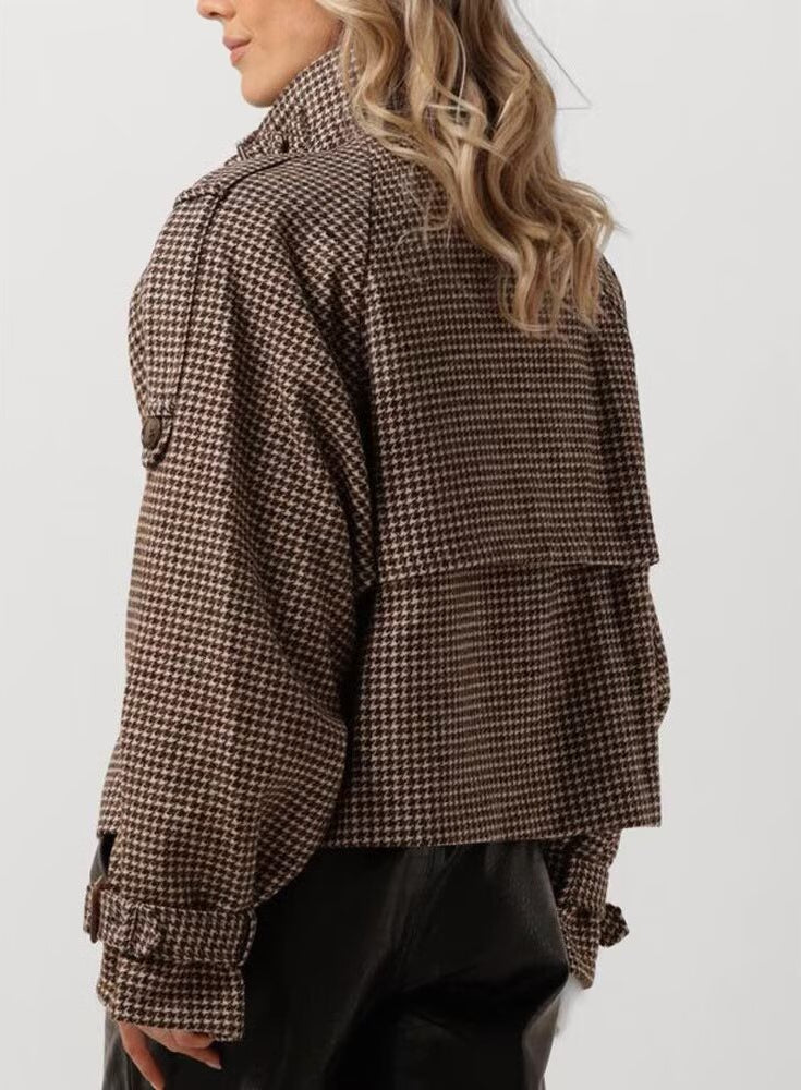 Langry fashion brown white houndstooth wool trench coat with buttons
