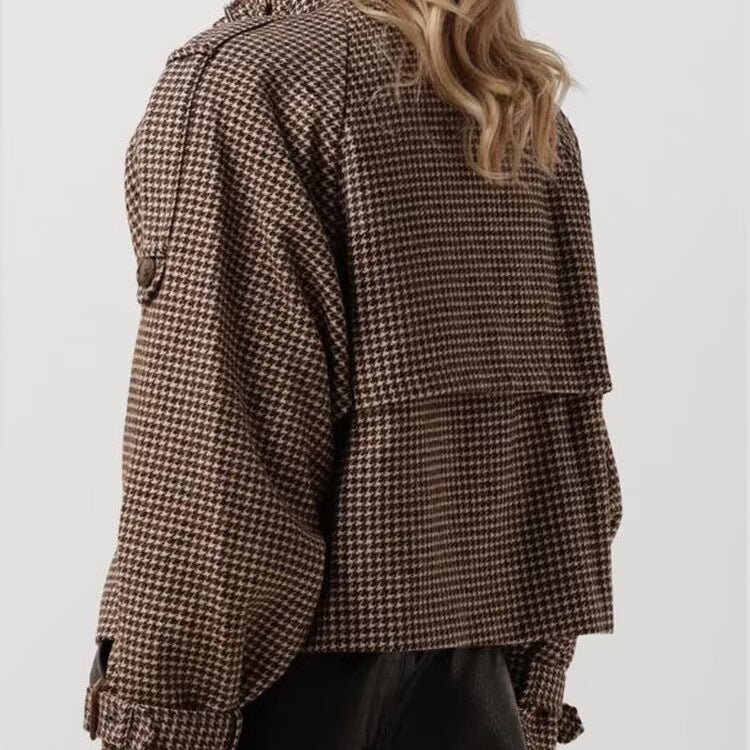 Langry fashion brown white houndstooth wool trench coat with buttons