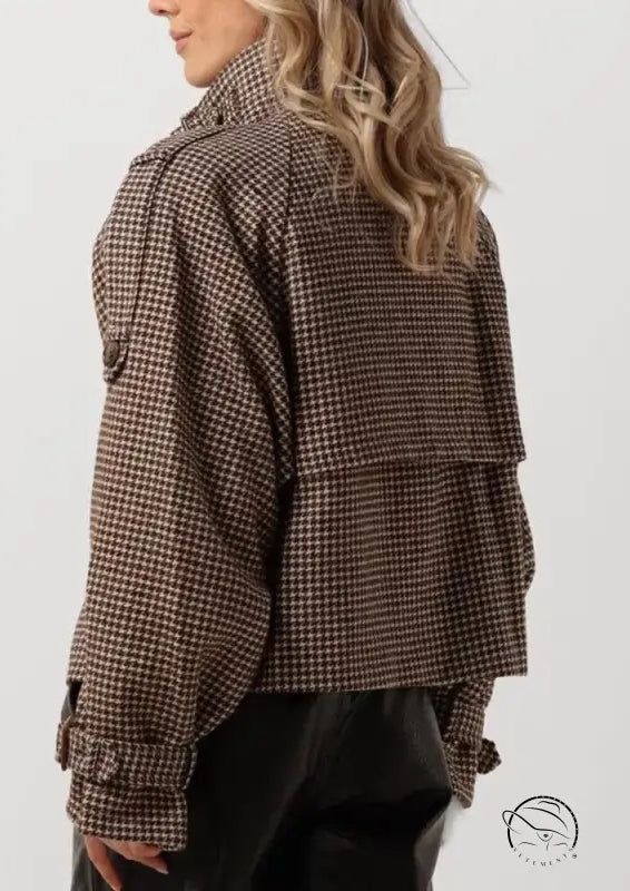 Winter retro plaid woolen button short trench coat in houndstooth pattern