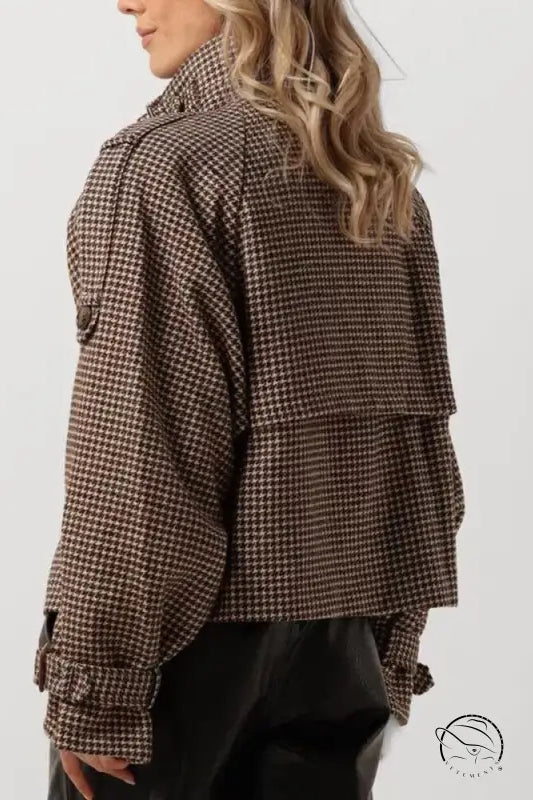 Winter retro plaid woolen button short trench coat in houndstooth pattern