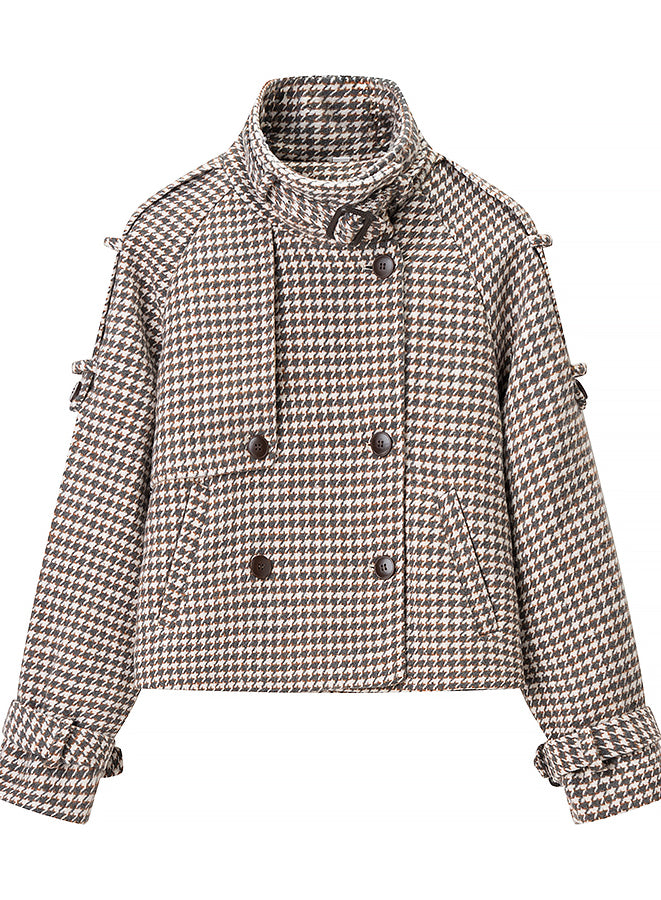 Langry fashion houndstooth cropped wool trench coat in neutral tones
