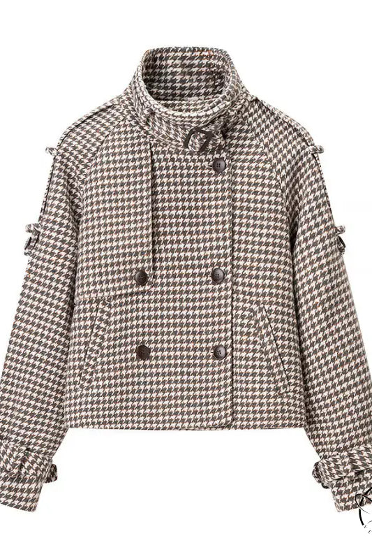 Winter retro plaid houndstooth cropped jacket with rolled cuffs