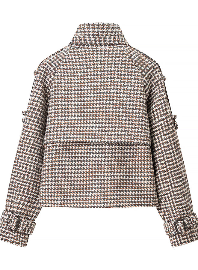 Langry fashion houndstooth wool trench coat with buttons and high collar
